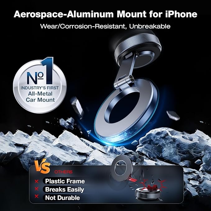 Aerospace Aluminum Magnetic Car Phone Mount for MagSafe [80LBS Vacuum Suction, 3200gf Strong Magnet] 360° Adjustable Car Phone Holder for iPhone 17 16 15 14 13 Pro Max