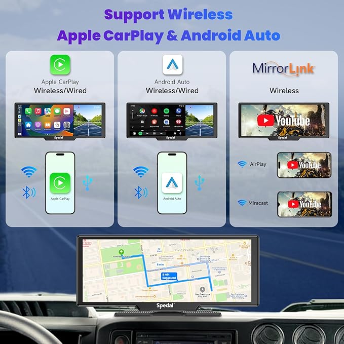 860 Portable CarPlay Screen with 4K Dash Cam Front and Rear- 9.3" Wireless Apple CarPlay ＆Android Auto Car Stereo, Bluetooth, GPS Navigation Head Unit,Car Stereo Receivers,1080p Backup Camera