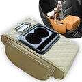 Multifunctional PU Leather Car Armrest Box Mat, 5-in-1 Multifunctional Car Armrest Cushion, Center Console Cover with 2 Cup Holder, For Storing Tissues, Phones, Wallets, Drinks, for Most Cars (Beige)