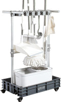 Broom mop holder cleaning supplies organizer janitorial carts on wheels housekeeping station storage tools for garage, garden, closet, cabinet.