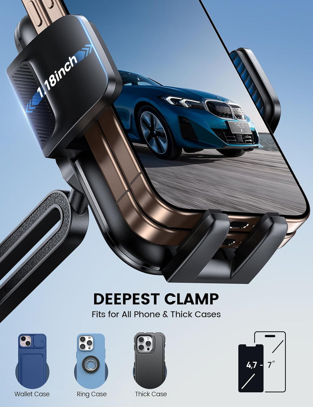 Lamicall Cup Phone Holders for Your Car, [Thick Cases Friendly] Universal Adjustable Car Cell Phone Mount for Truck Golf Cart iPhone 16 Galaxy S25 Ultra and All 4"-7" Smartphones