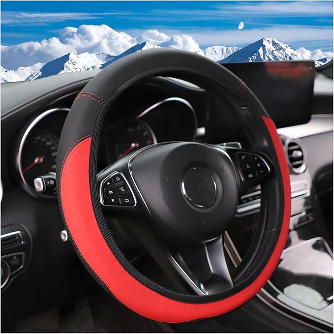 Car Steering Wheel Cover, Leather Elastic No Inner Ring Vehicle Steering Wheel Protector for 14.5-15Inch, Anti Slip Auto Interior Protection Accessories, Universal for SUV Sedan Truck (Red)