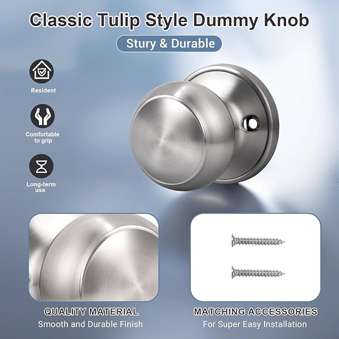 KNOBWELL 4 Pack Brushed Nickel Dummy Door Knob, Single Sided Handle for Closets, French Double Doors, and Pantry, Satin Nickel One Side Non-Turning Interior Push/Pull Door Knob