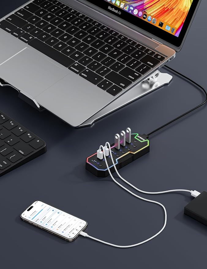 ZIUMIER USB 3.0 Hub,7 Ports USB Expander with RGB LED Strip,USB Hub for Laptop,Individual LED On/Off Switches for Mac, PC, Desktop, Flash Drive, Mobile HDD