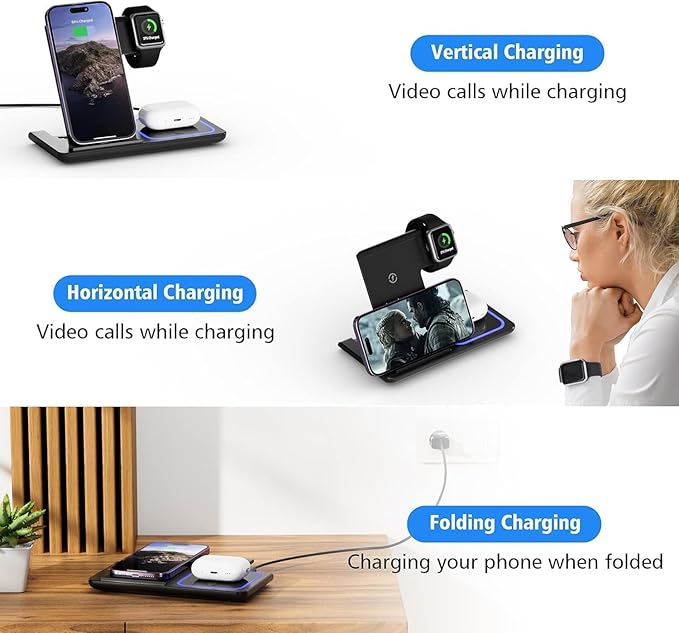 3 in 1 Wireless Charger Charging Station, Wireless Charger Stand for iPhone17 16 15 14 Pro Max 13 12 11,Charging Dock for AirPods 4 3 2 Pro, Apple Watch 11/10/9/Ultra/8/SE/7/6/5/4/3