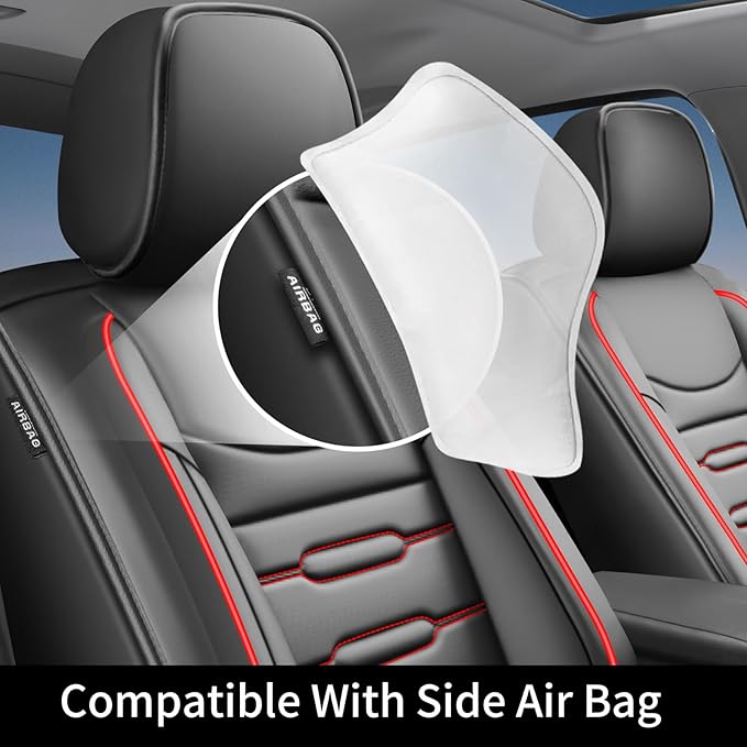 Fit Santa Fe Car Seat Covers for Hyundai Santa Fe 2007-2025 2026 - Upgraded Premium Waterproof & Breathable Leather, Airbag Compatible, All-Weather Seat Cushion Protector(2 Front/Black+Red)