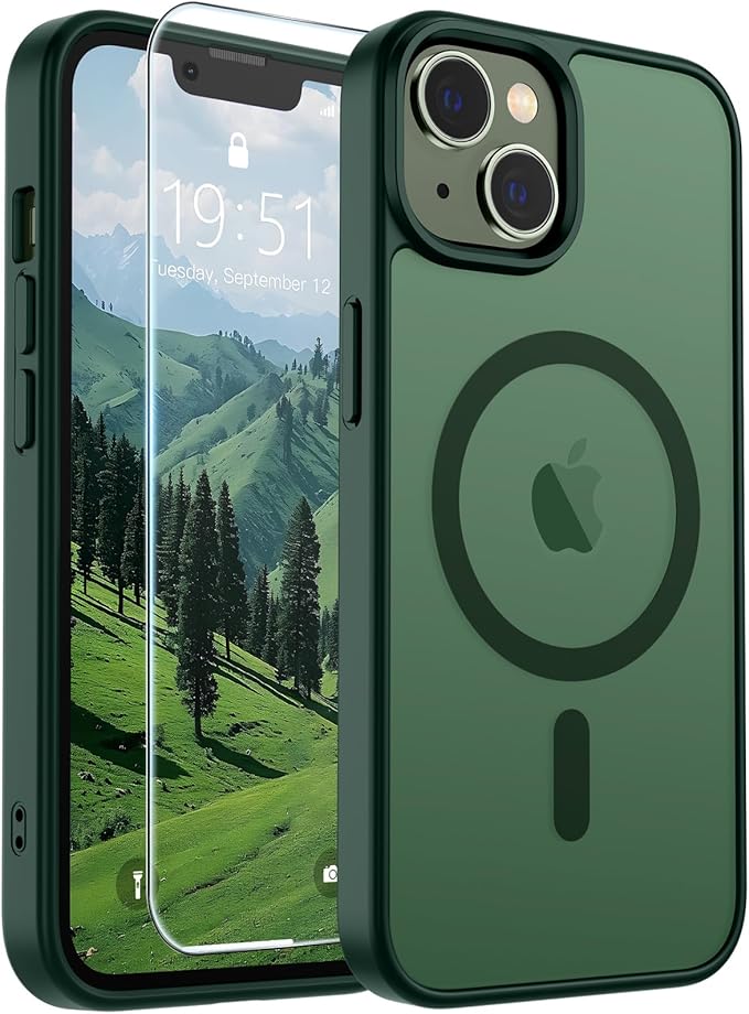 SUPFINE Magnetic for iPhone 15 Plus Case & iPhone 14 Plus Case(Compatible with MagSafe)(Military Grade Drop Protection) Slim Translucent Shockproof with Anti-Fingerprint Phone Case,Forest Green