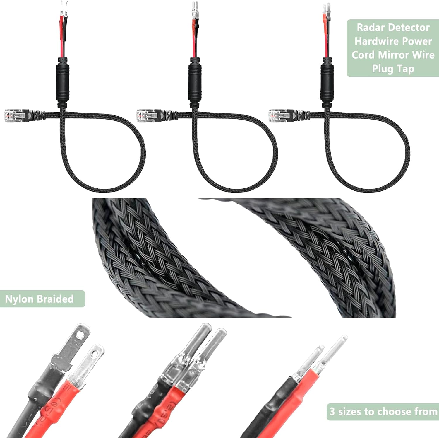 Radar Detector Rearview Mirror Mounting Bracket,13.8" Radar Detector Hard Wire Power Cord Mirror Wire Plug,with Braided Set of 3 (for Uniden R7 R8 R8w Radar)