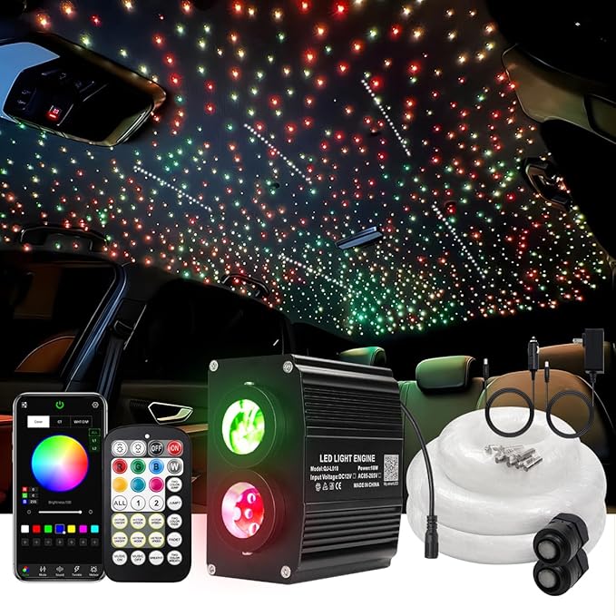 AKEPO Different Color 18W Twinkle+Shooting Star All-in-1 Fiber Optic Starlight Headliner Kits, 600pcs*0.03in*9.8ft+240pcs Meteor Fibers Car Home Remote/APP Music Activated Optic Fiber Star Lights