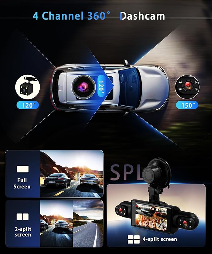 360°Dash Cam Front and Rear Inside Left Right, 4 Channel FHD 1080P Dash Cam for Cars,3 Inch Dashcams with Night Vision, Loop Recording, Motion Detection, 24H Parking Mode Monitor,Reverse View