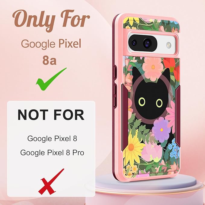for Google Pixel 8A Case 6.1 Inch - Compatible with MagSafe Women Girls Cute Magnetic Protective Cover Girly Cat Flower Floral Heavy Duty Shockproof Design for Google Pixel 8A Phone Cases