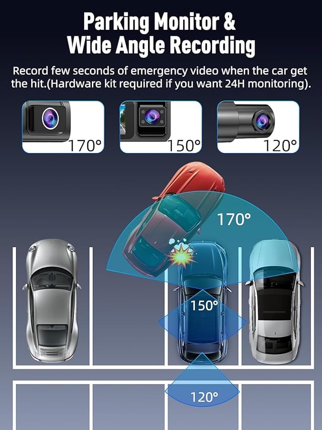 3 Channel 5G WiFi Dash Cam, 4K+1080P+1080P Dash Cam Front and Rear with 64GB Card, Dash Camera for Car with HDR IR Night Vision, G-Sensor, 24/7 Parking Mode, WDR, Support 128GB Max - Gray