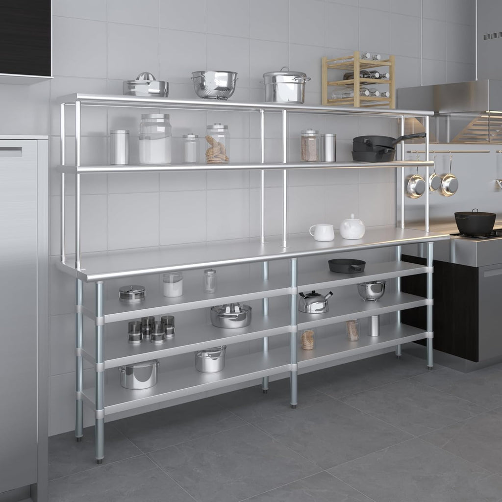 Amgood 18" x 96" Stainless Steel Work Table with 3 Shelves and 12" Wide Double Tier Overshelf | Metal Kitchen Prep Table & Shelving Combo | NSF