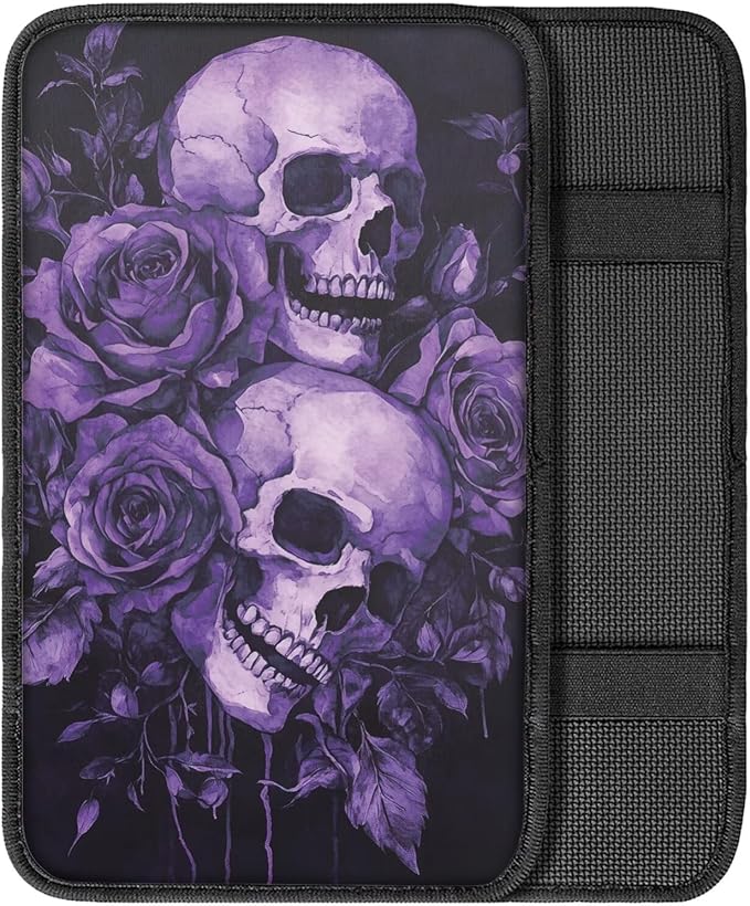 Dreaweet Purple Rose and Skull Print Center Console Cover Goth Car Accessories Middle Console Covers for SUV Sedan Non Slip Anti Scratch Arm Rest for Car Armrest Storage Box Mat