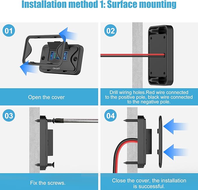 78W 4 Port 12V USB Outlet Wall Mount, Dual 36W PD & Dual 18W QC3.0 Lightweight Surface Mount Charger Socket Panel with Button Switch for Bus RV Truck Marine Golf Cart
