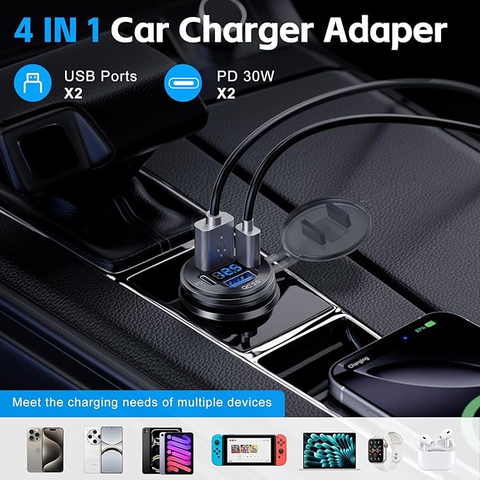 12V USB Outlet, 4 Port Aluminum Charger Socket 2 C PD & 2 QC3.0 with Voltmeter, 12V/24V Car USB Charger Socket for Car Boat Marine Bus Truck Golf RV Motorcycle and More 1-Pack