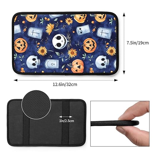 Skull Skellington Halloween Pumpkins Sunflowers Car Auto Armrest Cushion Cover Accessories Center Console Seat Box Pad Protector Universal Decoration for Most Vehicle SUV Truck