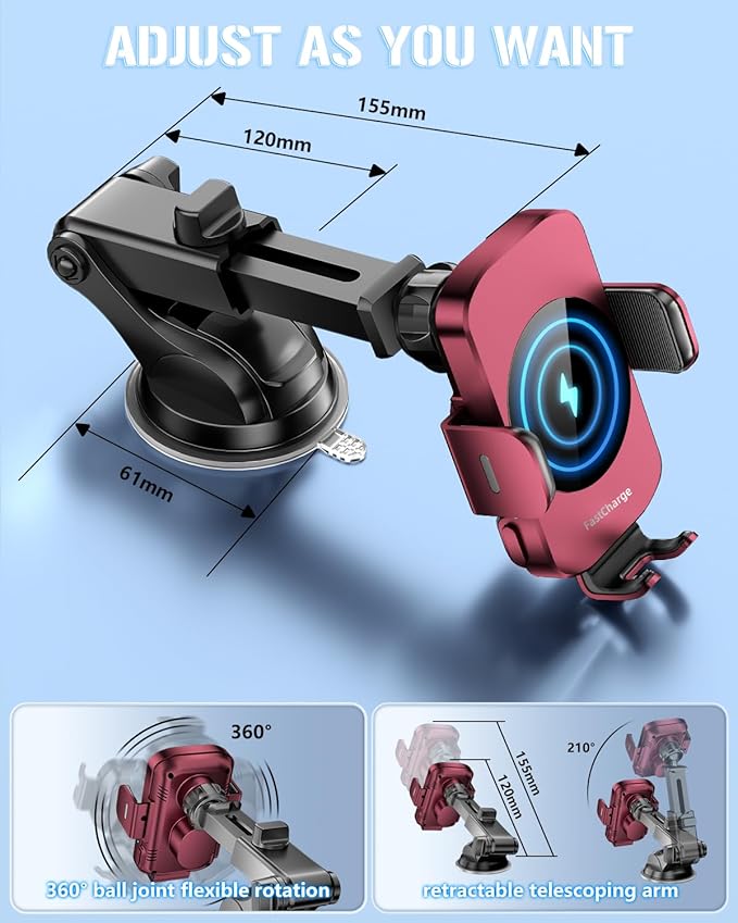 BothLin Wireless Car Charger, Fast Charging Phone Holder 3 in 1 Phone Mount Auto Clamping Car Accessories Compatible with iPhone 17 16 15 14 13 12 11 Xs XR, Samsung S23 Ultra S22 S21 S20(Deep Red)