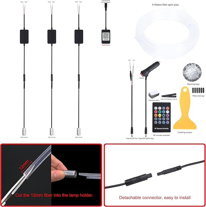 Car Interior Ambient Lighting Optic Fiber RGB 64 Colors Multicoloured Music Car Footwell Lighting Kit with Cigarette Lighter and App Microphone, DC 12V-24V 1W 4m