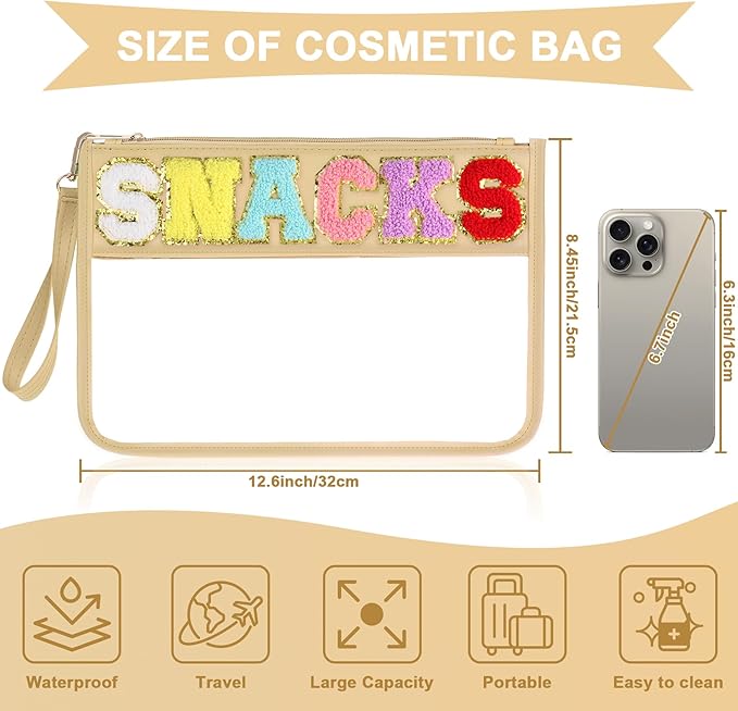 Snack Bag for Travel - Clear Chenille Varsity Letter Flat Pouch with Zipper, 12.2×8.46 inch Waterproof Clear Nylon Preppy Patch Makeup Cosmetic tote Bags for Women Girls