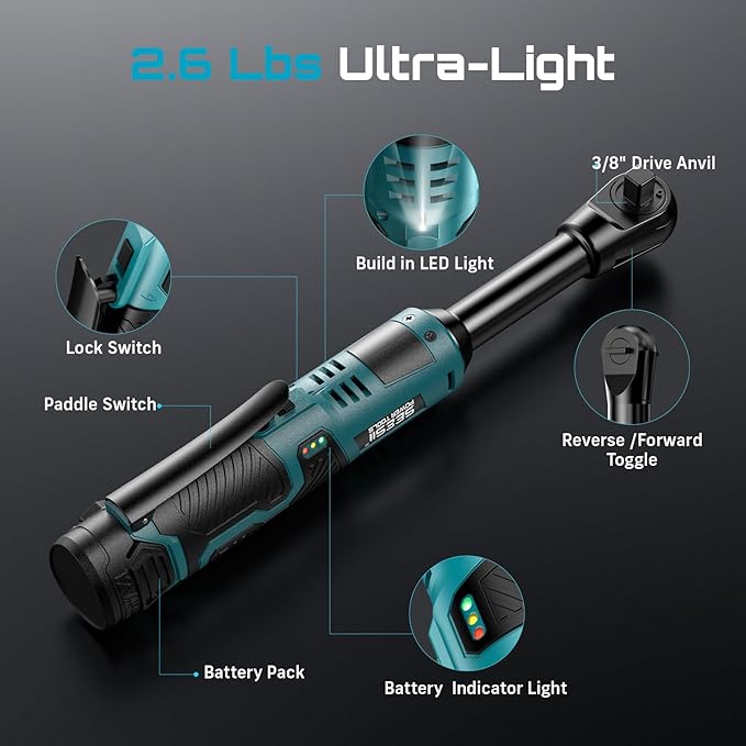 Seesii Extended Cordless Electric Ratchet Wrench 3/8", 40 Ft-lbs Torque, 6" Long Neck, 220RPM, 2 Pack 2.0Ah Battery, Fast Charger, 1/4 Drive Adapter, 7 Sockets, for Car Repair, DIY