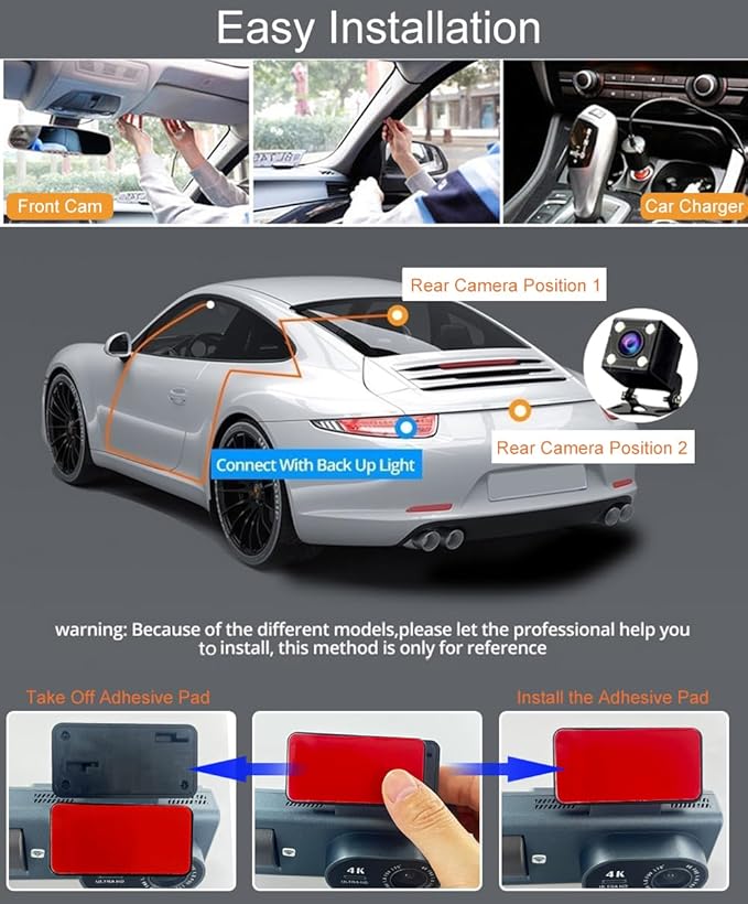Dash Cam Front Rear Inside, 4K Full HD Dash Camera for Cars, Included 64GB Card, Built-in Wi-Fi, 3” IPS Screen, Night Vision, 170°Wide Angle,Loop Recording, APP Control (3Channel Dashcam+64G)