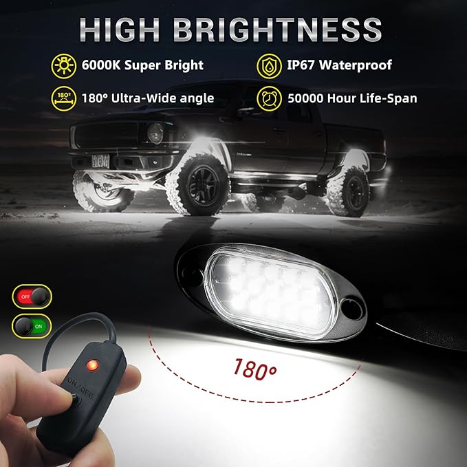 20 Pods Pure White LED Rock Lights with Extension Wires, IP67 Waterproof 6500K Super Bright White Underglow Kit for Semi Truck Sedans Trailer Offroad Pickup RV Vans Bus Under Car Lighting