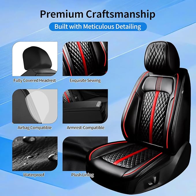 Fit Cruze Car Seat Covers for Select Chevrolet/Chevy Cruze 2011-2019 - Premium Full Coverage Leather, Airbag Compatible, Waterproof & All Weather Seat Cushion Protector, Full Set, Red Trim