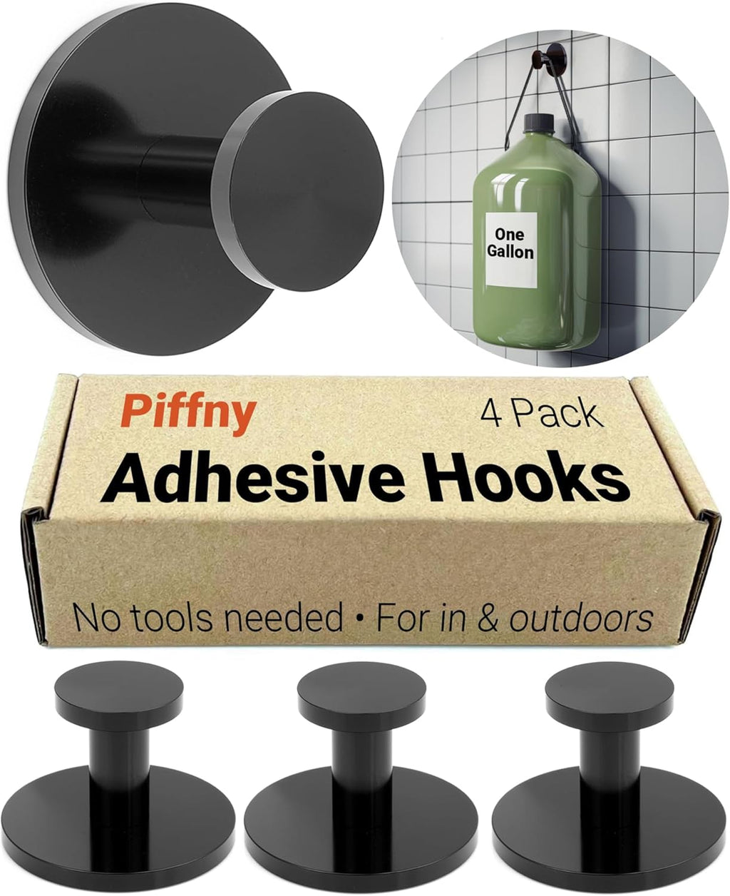 Round Adhesive Hooks for Hanging Towels, Clothes, Keys, and Robes in The Bathroom, Shower, Closet, Kitchen, and on Doors, Cabinets, and Countless Other Places - Black - 4 Pack