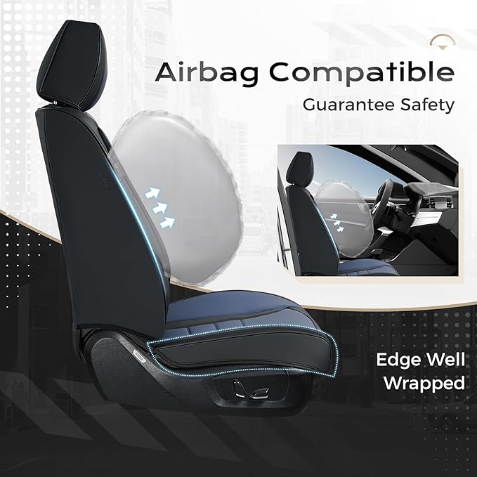 Coverado Car Seat Covers Full Set, Nappa Leather Seat Covers for Cars, Car Seat Protector Car Seat Cushion, Front and Back Seat Protectors Cushions Universal Fit for Most Cars Vehicles(Black&Blue)