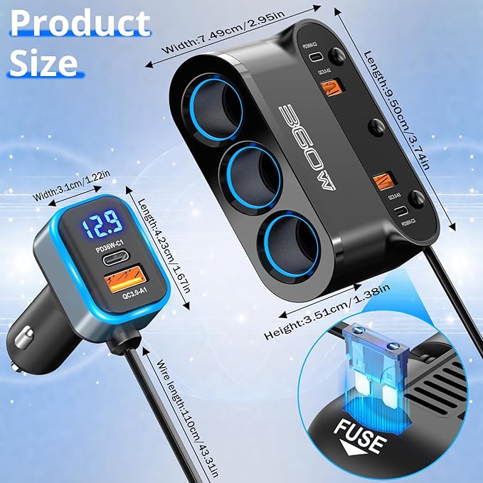 Qidoe 9 in1Cigarette Lighter Splitter,360W 3 Socket Car Charger Adapeter,3*PD&QC 108W,12V/24V Car Socket Adapter with Independent Switches & LED Voltage Display for All Car Devices
