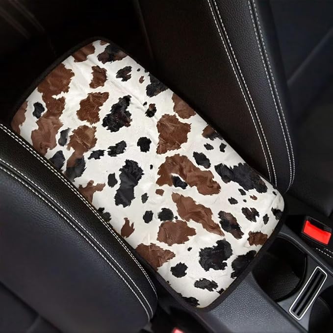 Coldinair Brown Cow Print Car Armrest Cover,Auto Center Console Pad,Soft Seat Box Cover Protector Cushion,Car Accessories Decor for Most Cars,Sedan,Truck,SUV