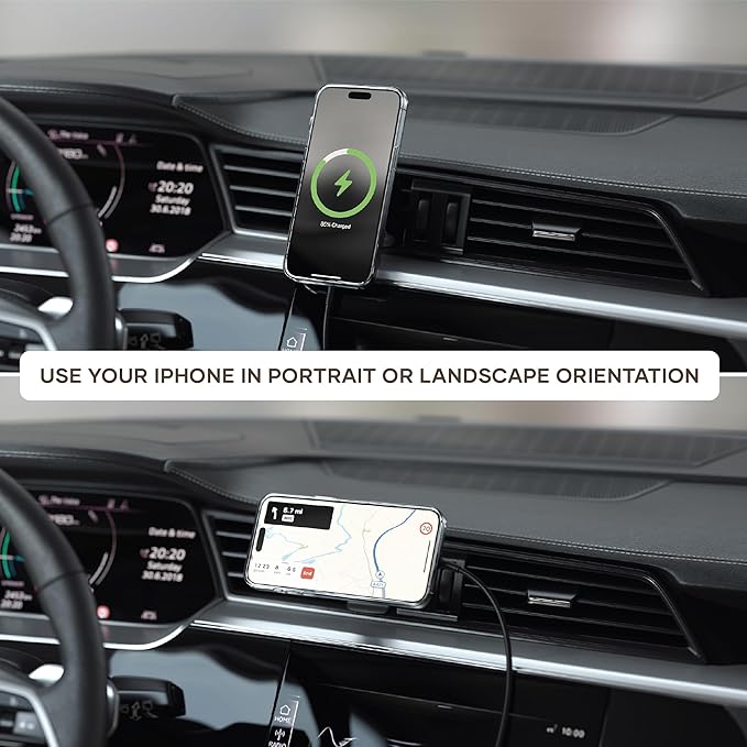 Satechi Qi2 Wireless Car Charger, Travel Friendly Car Phone Mount Charger for Air Vents, 15W Fast Chargers, for iPhone 17 to 12 Series