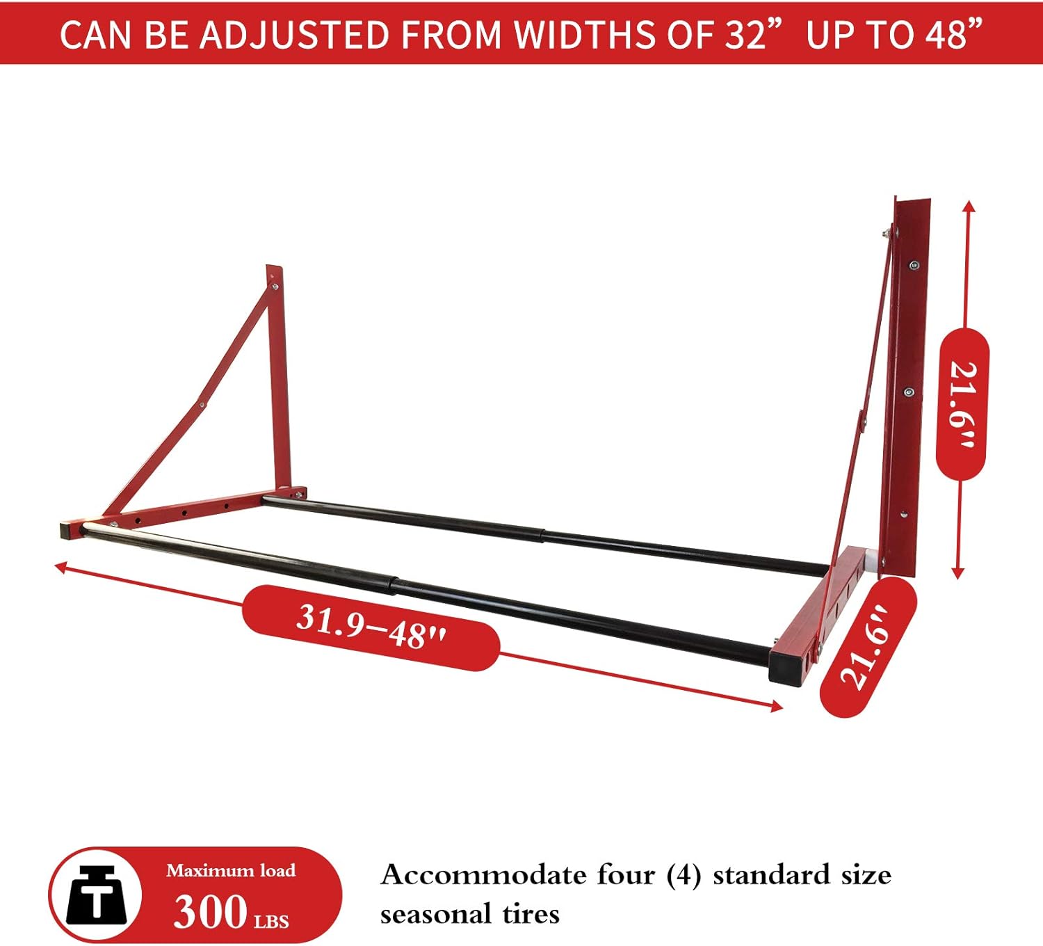 ROBLOCK Folding Tire Wheel Rack Wall Mount Multi-Tire Spare Carriers Garage (32"-48") x 22" x 22", Red