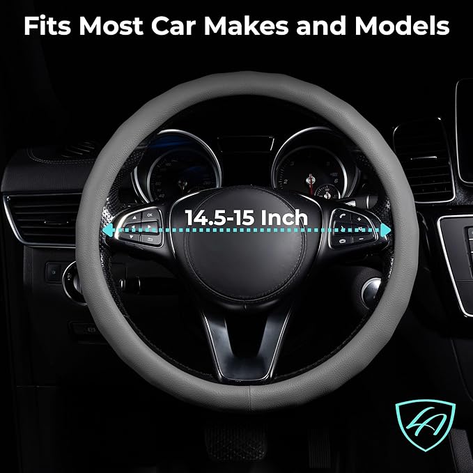 Lord Autofashion Steering Wheel Cover – PU Leather, Non-Slip Rubber Inner, All-Season Comfort – 14.5–15 Inch (Grey 8399)