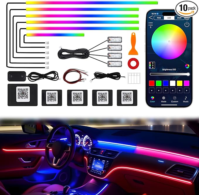 Dreamcolor Acrylic Interior Car LED Strip Lights, 10 in 1 Ambient Lighting Kit with Wireless APP, Dynamic Chasing Music Sync Fiber Optic Lights with DIY Mode, Car Inside Lighting Accessories