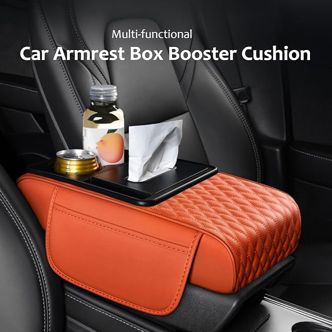 Car Center Console Armrest Pad, Arm Rest Box Cushion with Ergonomic Height Boost, Storage Pockets, Built-in Tissue Box, Cupholder, Fit for Most Sedan Vehicles (Embroidery Water Ripple, Black)