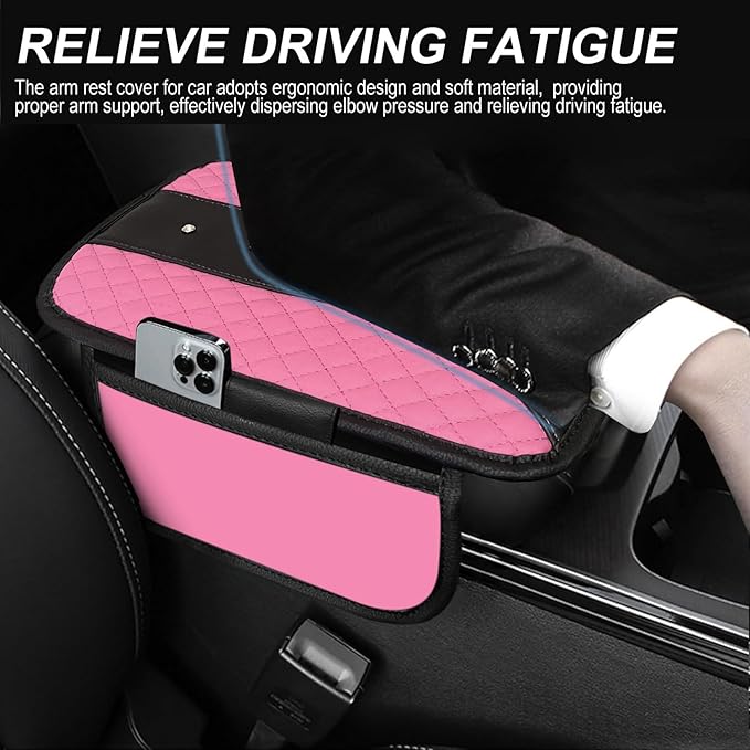 NBTEPEM Bling Crown Car Center Console Armrest Cover, Leather Middle Console Cover Cushion with 2 Storage Bags, Car Armrest Storage Box Interior Accessories for Most Vehicles(Pink)