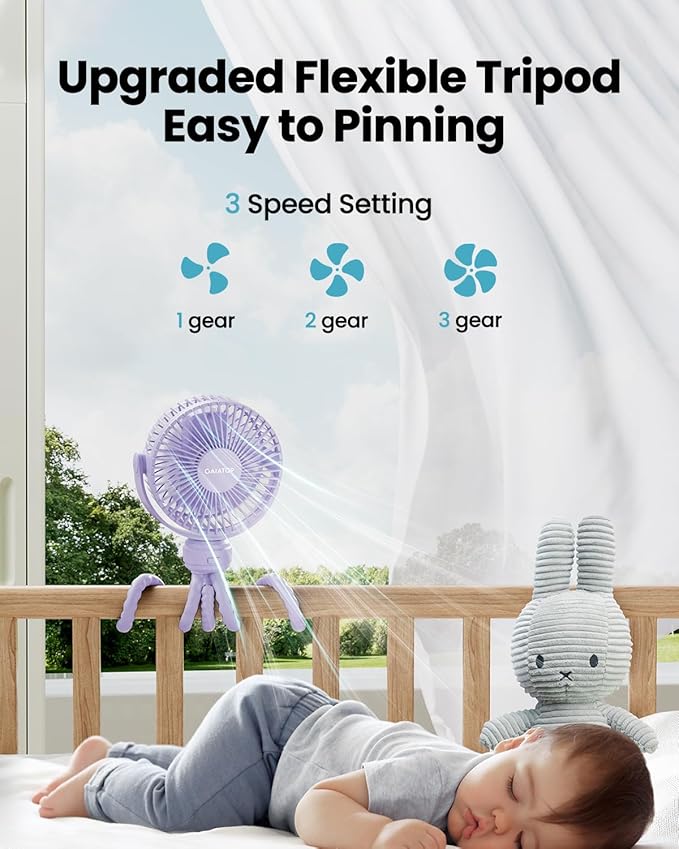 Gaiatop Mini Electric Fan with 360 Rotation, 5.5mm Gaps, Rechargeable Battery, 3 Speeds, Purple