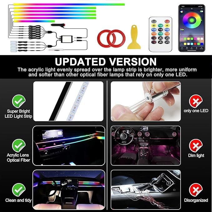 Dreamcolor Acrylic Interior Car LED Strip Light with APP Remote Control,RGB 10 in 1 with 175 inches 593 LEDs Fiber Optic Strip Lights for Car, Dynamic Chasing Music Sync Neon Car Ambient Lighting Kits