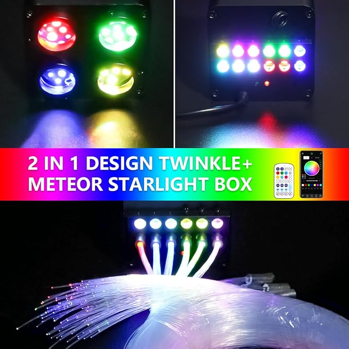 AMKI Updated 4Color Meteor Twinkle 36w Starlight Headliner Kits 2000pcs 0.03in 13.1ft, 240pcs RGB Meteor Shooting Star Cable, 2 in 1 Fiber Optic Light Box RGBW Sound Activated Mode for Car& Home Decor