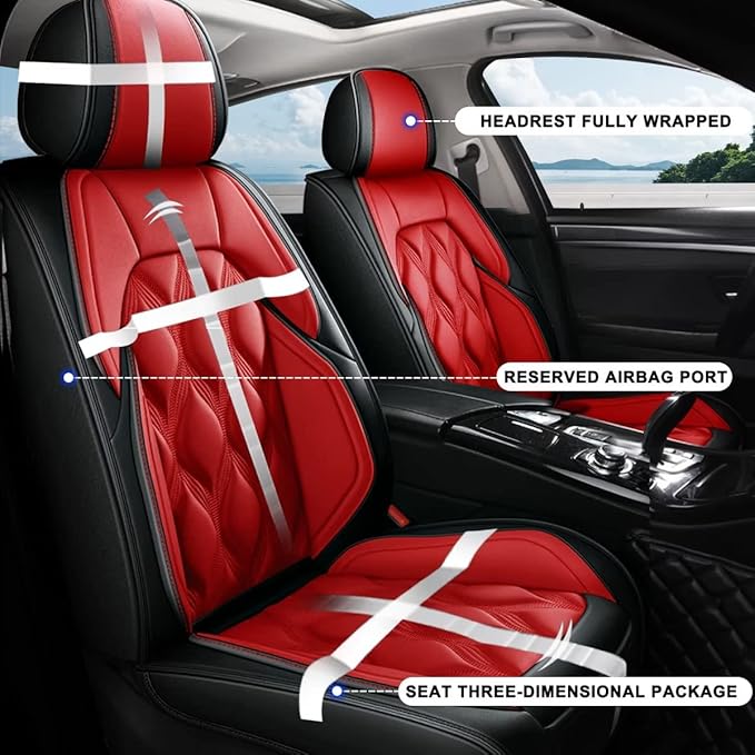 AOMSAZTO Front Seat Covers Fit for Cadillac XT5 2017-2026 Waterproof Faux Leather Car Seat Cover Compatible with Airbag(2PCS Front, Black&Red)