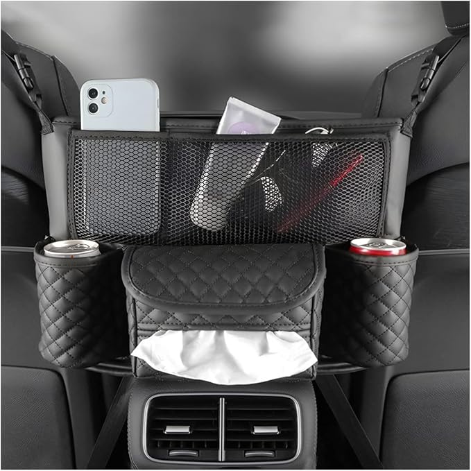 XINLIYA Car Handbag Holder Between Seats, PU Leather Multi-Pocket Large Capacity Purse Holder, Auto Net Bag Barrier of Backseat Pet Kids, Car Seat Organizers and Storage for Cargo Tissue Cup（Black）