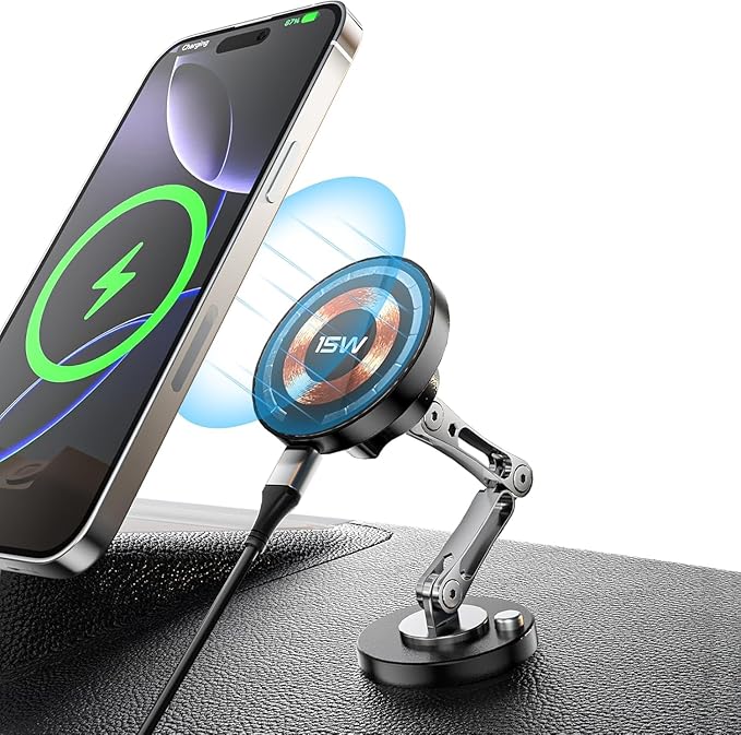 Magnetic Car Mount Charger Wireless, 15W Fast Charging 2 in 1 Magnetic Cell Phone Holder Stick on Dashboard Windshield, 360° Foldable Full Metal Car Accessories for iPhone16/15/14/13/12 Series