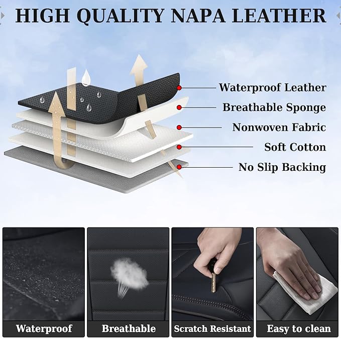 Coverado Seat Covers Full Set, Car Seat Cover Black, Seat Covers for Cars, Car Seat Protector, Nappa Leather Car Seat Cushion, Waterproof Car Seat Covers Front Seats and Back Fit for Most Cars