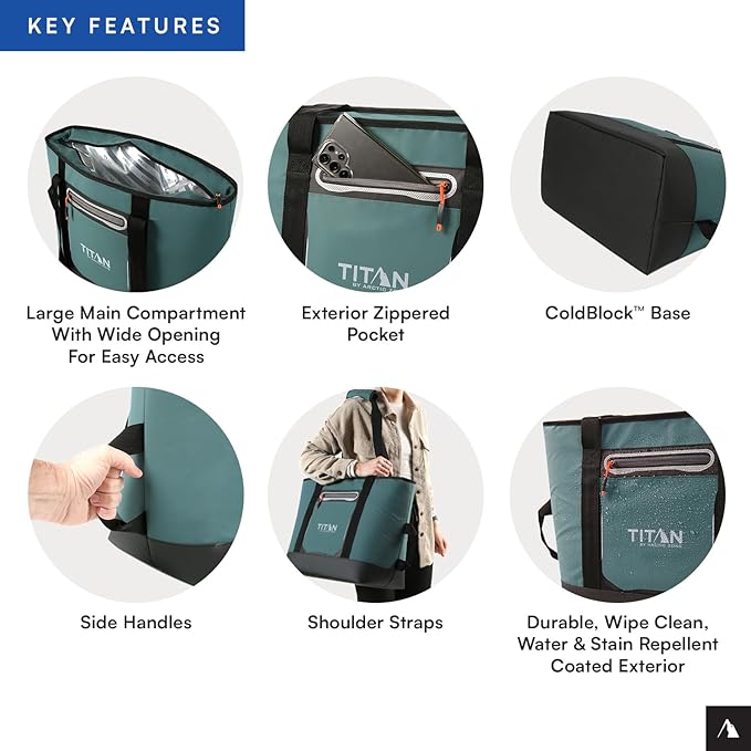 Titan by Arctic Zone Soft Sided Cooler Tote, Insulated Bag with Handle, Shoulder Strap, and Zipper for Lunch, Picnic, and Travel, 30 Can Capacity