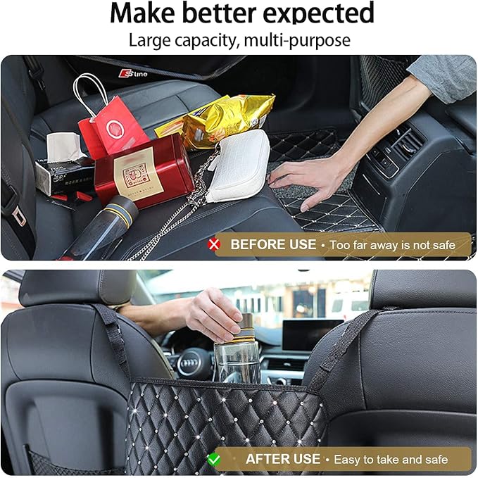 Car Net Pocket Handbag Holder with Diamond Bling Driver Netting Pouch, Handbag Holder Front Seat, Barrier of Backseat Pet Kids Storage & Pocket (Black with Diamond)