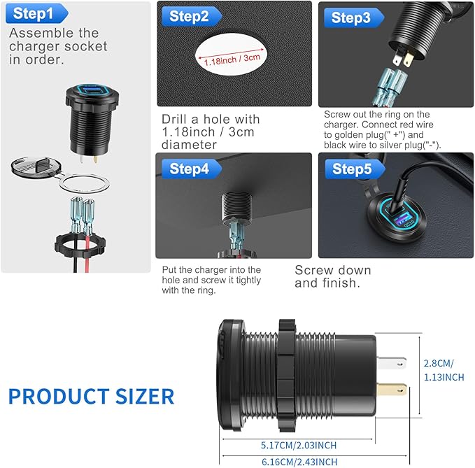 2 Pack 12V USB C Outlet PD 100W Car USB Port for Laptop and QC3.0 18W Car Charger Socket Aluminum Alloy, Fast Charging Cigarette Lighter Replacement DIY Accessary for RV MarineTruck Boat Golf