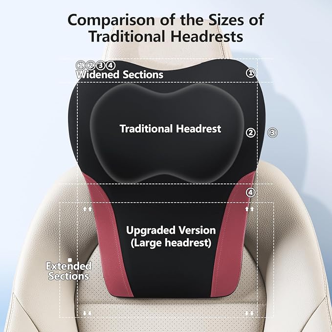 BEBAS Car Headrest Pillow, Ergonomic Neck Pillow with Memory Foam, Enlarged Surface for Head Neck Shoulder Support, Breathable Removeable Car Seat Pillow for Pain Relief (Black Red)