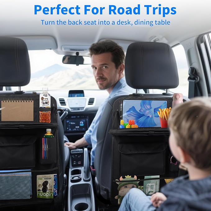 TCJJ Car Seat Organiser, Car Organiser Back Seat for kids, Car Backseat Seat Kick Protector with Tray and Touch Screen Tablet Storage Pockets Black/2 Pack